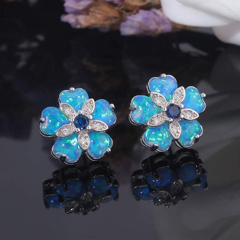 CiNily Blue Flower Opal Earrings Stud, Blue Topaz Zircon Rhodium Plated Women Hypoallergenic Jewelry Gemstone Stud Earrings 15 mm - Image 3